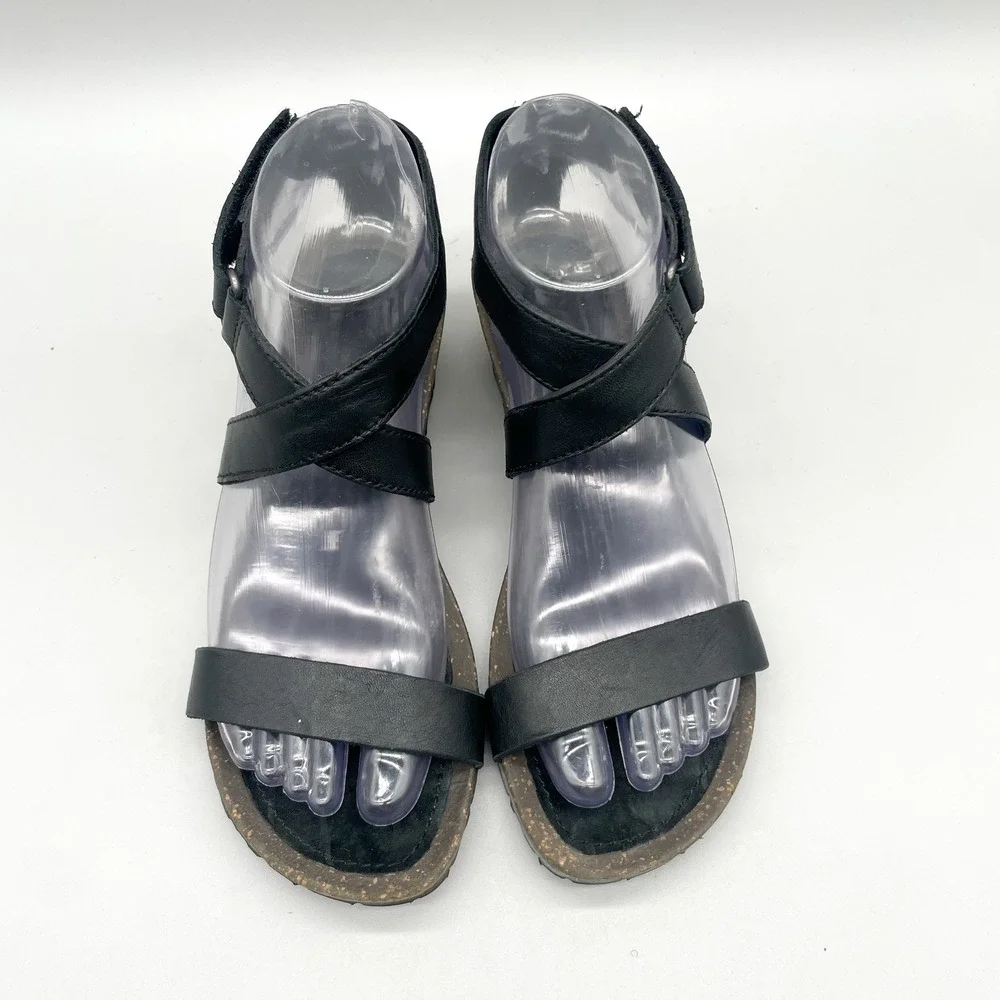 Teva Womens 6.5 Cabrillo Wedge Strappy Sandals Black Leather Gorpcore Boho Heel